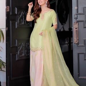 Salwar Kameez Light Lime Green and Pastel Pink Women's Midi Dress
